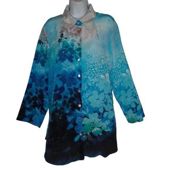 Soft Surroundings Tops - Soft Surroundings Blue Watercolor Floral Print Silk Blouse Size L‎ Career